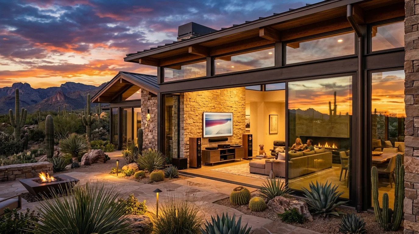Desert home with indoor-outdoor theater at sunset